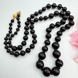 Vintage Monet Black Glass Bead Hand Knotted Graduated Necklace Chic Signed 27”